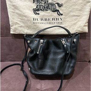 Burberry black leather check canvas shoulder bag mint condition 100% Authentic